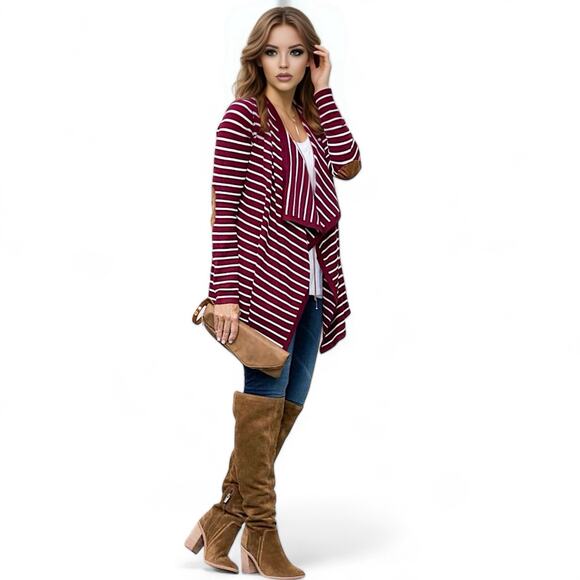 Stitch Fix Striped Waterfall Cardigan Red White Open Front Elbow Patch Size M - Picture 8 of 9